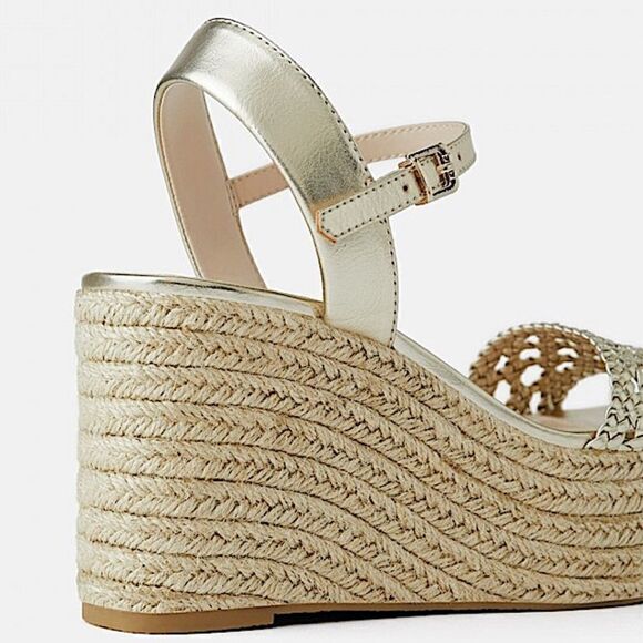 Zara Braided Gold Platform Wedge Esapadrille - Picture 4 of 12